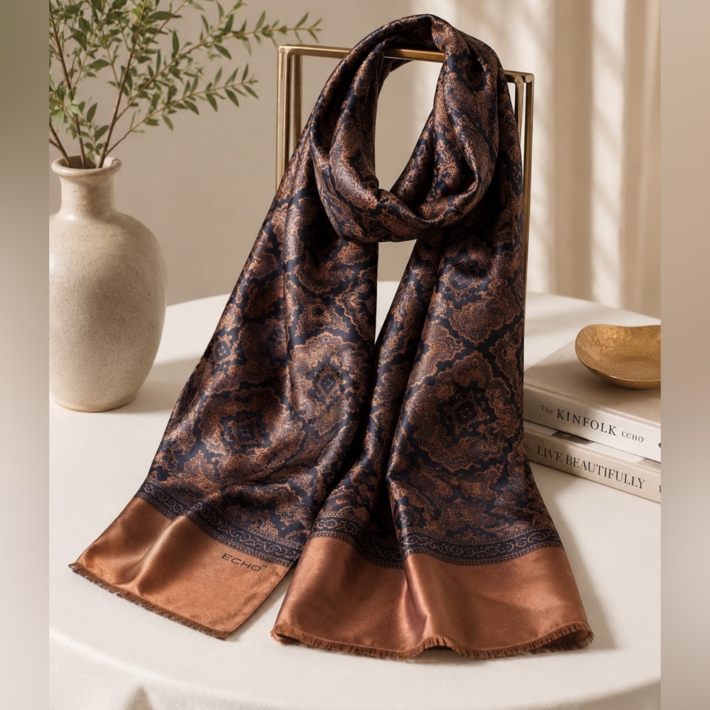 Echo Brown and Black Patterned Scarf Silky Texture